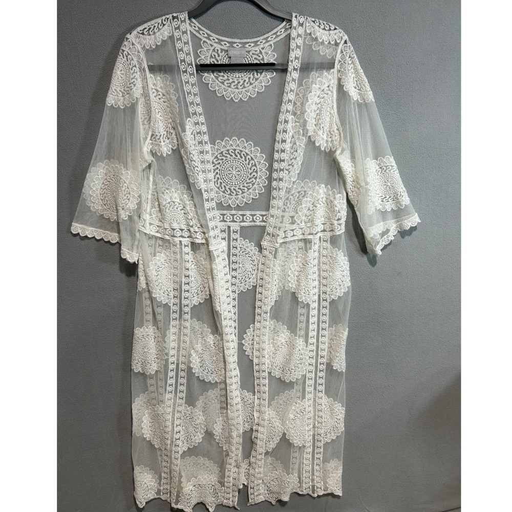 Chico's White Lace Cardigan Women S/M Sheer Embroidered Duster Cover Up Boho